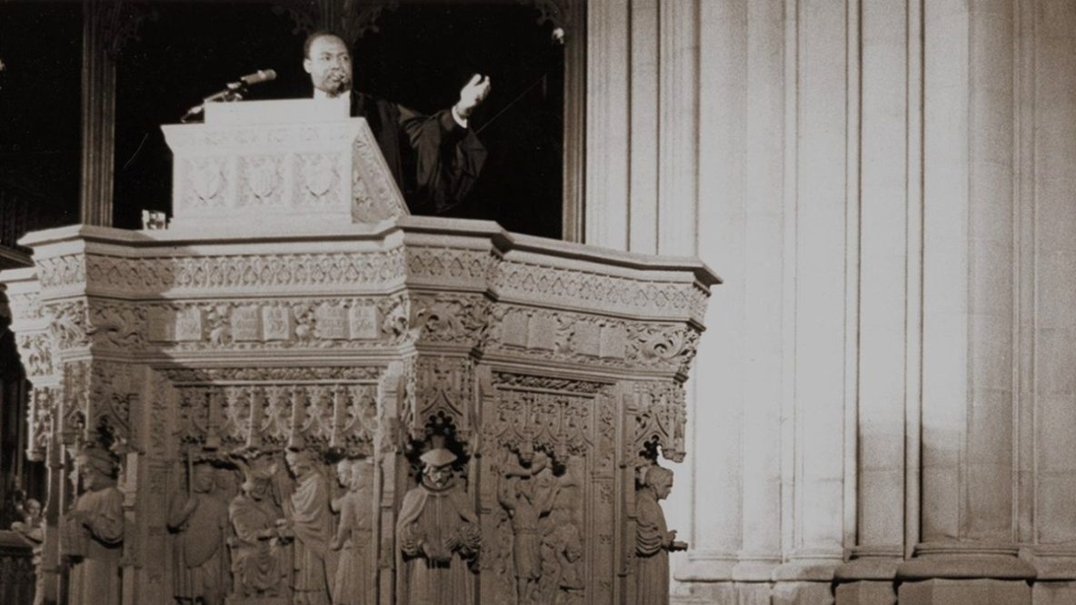 The Rev. Martin Luther King Jr. discusses his planned poor people’s demonstration from the pulpit of the Washington National Cathedral in Washington, D.C., on March 31, 1968. (AP Photo)