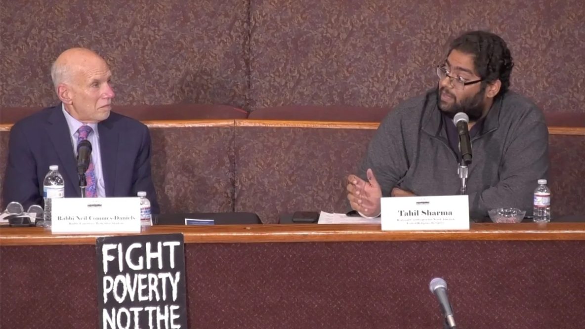 Rabbi Neil Comess-Daniels, left, and Tahil Sharma participate in the “Constructing a Moral Narrative: Dismantling Christian Nationalism” panel at First African Methodist Episcopal Church in Los Angeles, Nov. 18, 2021. Video screen grab