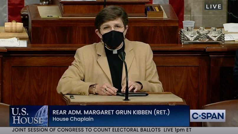 Rear Adm. Margaret Grun Kibben opens the joint session of Congress with a prayer on Jan. 6, 2021. Video screen grab via C-SPAN